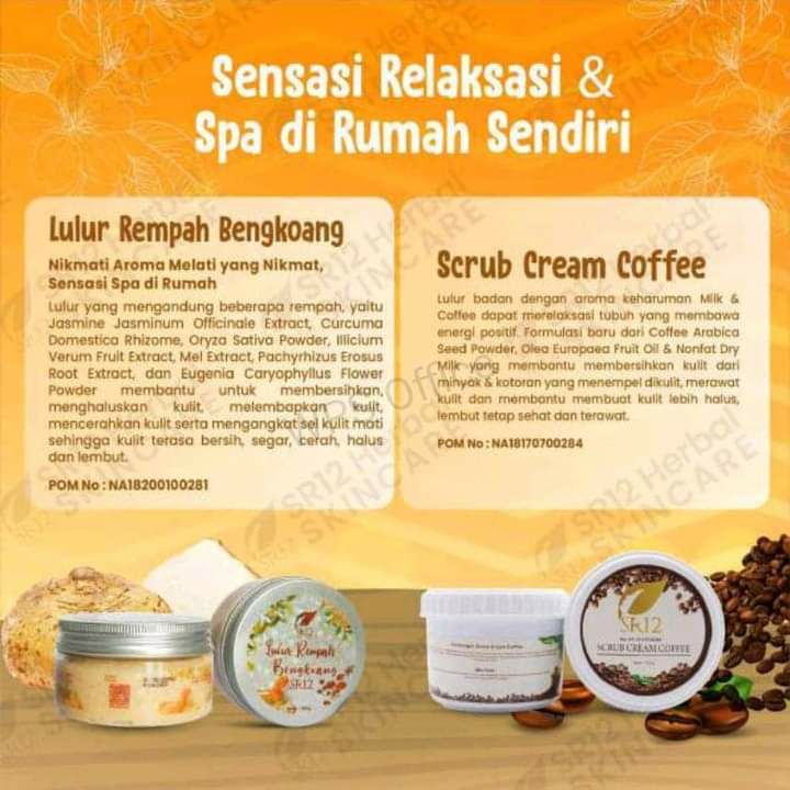 🌿Varian Body care SR12🌸 Lulur scrub Cream coffee🌸 Lulur rempah bengkoang 🌸 BodyWash Aloe Vera  🌸 Deodorant Spray Multiguna🌸 HandBody Siang dan🌸 HandBody Malam Semua nya berfungsi mencerahkan dan merontokkan noda2 hitam,  membuat kulit bersih, sehat, cerah, bahkan glowiiiing semriwinggg😱🤩🌿Mencerahkan badan 