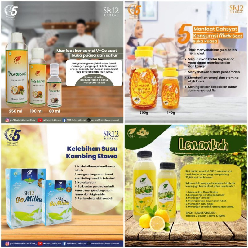 Assalamu'alaykum Ramadhan ceria🥰,tetap sehat bathin n fisik tentunya ya agar dimudahkan dlm menjalankan ibadah puasa sesuai tuntunan.Nah SR12 punya produk Healthy Care yang perlu kamu konsumsi di Bulan Ramadhan yaitu:🌿🌸 V-CO SR12 adalah produk Healthy Care SR12 yg wajib kamu persiapkan utk Bulan Ramadhan nanti, karna dg minum VCO SR12 ini bisa memberikan efek kenyang lebih lama dan lebih bertenaga.🌿MADU HUTAN BADUY SR12 adalah produk Healthy Care SR12 yg juga perlu kamu persiapkan. Madu asli tanpa campuran apapun. Asli dari lebah liar bukan lebah ternak🌿GOMILKU SR12( SUSU KAMBING ETAWA ) juga nutrisi penting utk kamu persiapkan.Tidak amis/tidak prengus, dg madu sebagai pemanis alami🌿Healthy Care SR12 yg lain nya yg perlu kamu persiapkan utk Ramadhan adalah LEMONKUH SR12Solusi praktis bagi yg suka konsumsi lemon tapi nggak perlu capek-capek peres lemon🍋Yuk segera dimiliki ya bun 🥰WA/Telegram👉0821-5799-8873AGEN RESMI SR12 HERBAL SKINCARE BALIKPAPAN KAL-TIMIntip yuk👇shopee.co.id/agenresmisr12