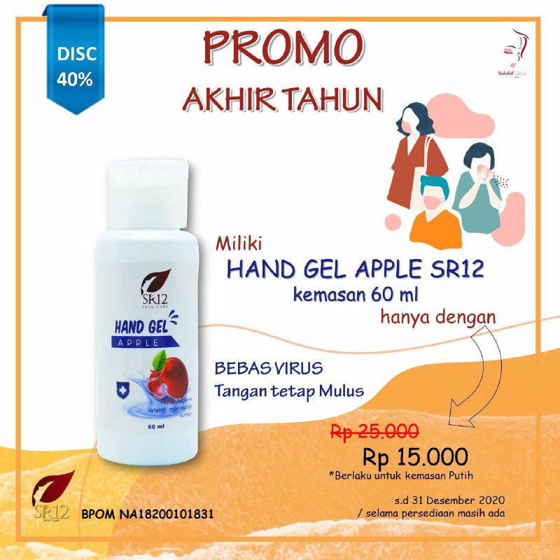 Yuk promo masih berlaku yang...Yuk ada promo menarik, untuk hand Sanitizer/hand gel apple  SR12 yang kemasan putih, diskon menarik 👉 100 ml= 35.000 menjadi 25.000 👉  60 ml = 25.000 menjadi 15.000👉 500 ml = 75.000 menjadi 70.000Bebas Virus, Tangan jadi lembab lembut mulus, tidak menyebabkan tangan kering , bahkan kulit yang 
