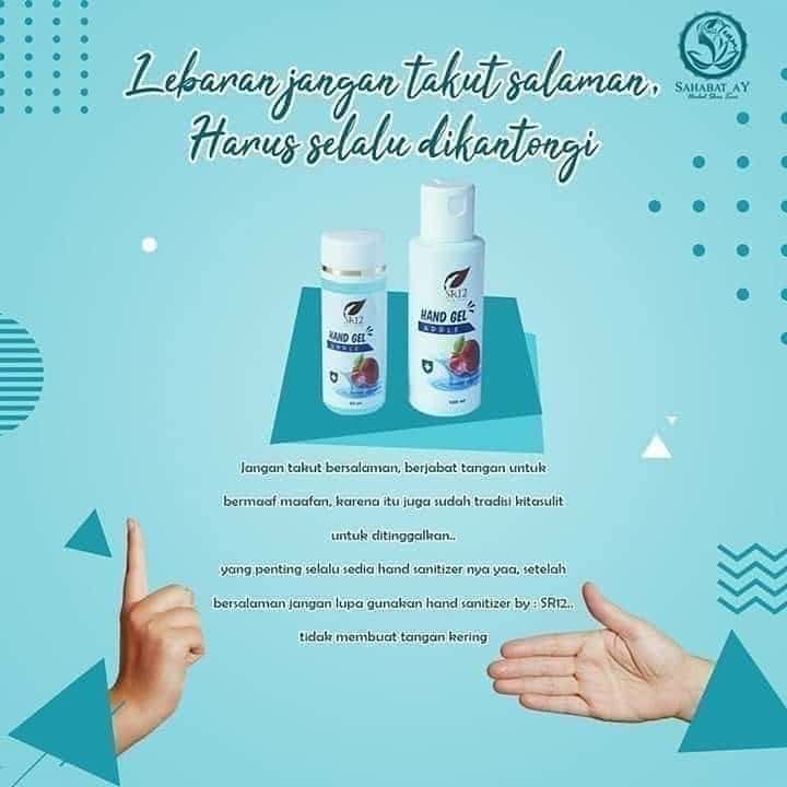 Sebentar lagi lebaran...apakah anda sudah sedia Hand Sanitizer/hand gel SR12 ?   Walau  sudah pakai Hand Sanitizer SR12 ...yang bukan mahram..tidak boleh berjabat tangan ya...no no no no..😬Oiya HS/Hand Gel SR12 ini tidak menyebabkan  kulit tangan kering meskipun di pakai berkali-kali, mengandung Alkohol 70% sehingga efektif membunuh kuman (virus, bakteri dan jamur).....aroma nya wangi apel segerrr tidak menyengat,  melembabkan,  melembutkan tangan bahkan bisa membasmi 
