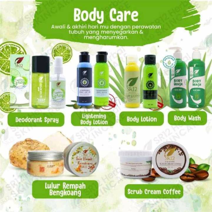 🌿Varian Body care SR12🌸 Lulur scrub Cream coffee🌸 Lulur rempah bengkoang 🌸 BodyWash Aloe Vera  🌸 Deodorant Spray Multiguna🌸 HandBody Siang dan🌸 HandBody Malam Semua nya berfungsi mencerahkan dan merontokkan noda2 hitam,  membuat kulit bersih, sehat, cerah, bahkan glowiiiing semriwinggg😱🤩🌿Mencerahkan badan 