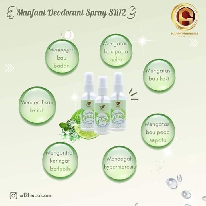 DEODORANT SPRAY SR12 adalah cairan tidak berwarna dan tidak berbau tapi ampuh mengatasi semua masalah bau-bau an🤗Deodorant spray SR12... 100% herbal alami ( air murni,jeruk nipis, tawas, kapur sirih)Aman untuk bumil, busui, dan anak2🌿 Menghempaskan bau ketiak🌸 Mencerahkan ketiak hitam🌿 Tidak menyebabkan ketiak hitam🌸 Tidak bernoda di baju🌿 Non Farfum🌸 Non Alkohol🌿 menghambat pertumbuhan butek (bulu ketek)🌸 Menghilangkan bau kaki, sepatu, dan bau helm🌿 Mengatasi keringat berlebih🌸 Mencegah hiperhidrosis Yok segera di order...stok rebutaaan 🤩🚀Wa/telegram 👉0821-5799-8873AGEN RESMI SR12 HERBAL SKINCARE BALIKPAPAN