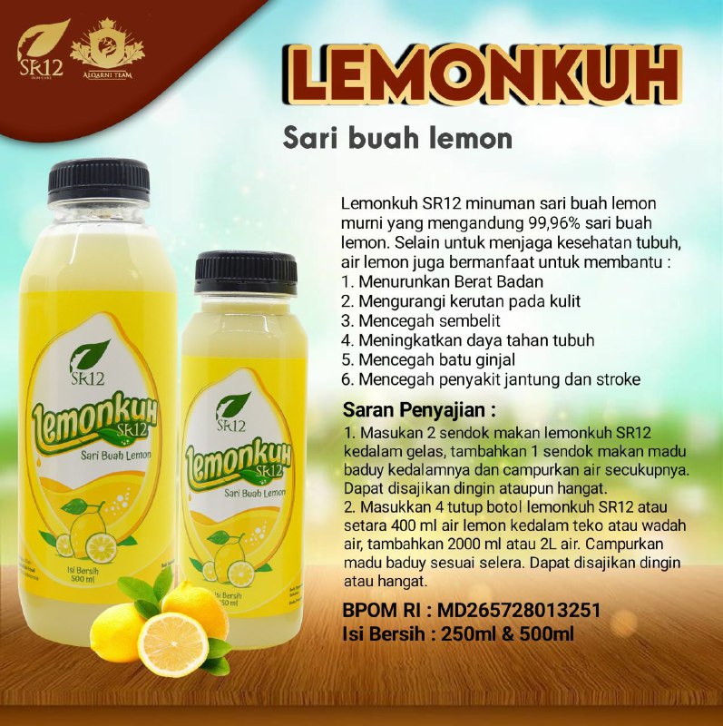 🍋🍋 LEMONKUH SR12🍋🍋🌿Merupakan minuman Sari Lemon Murni 99,96%.....😱Jika ingin menkonsumsi...4 tutup botol Lemonkuh di campur dengan air 2000 ml atau setara 2 liter air.. MasyaAllah jadi ekonomis buangeeet ya kan ???🤗🌿Khasiatnya mantul 👍 apalagi dimasa Pandemi sekarang ini. Sangat bermanfaat untuk membantu meningkatkan daya tahan tubuh terhadap serangan virus, dan  masih banyak keunggulan dari Lemonkuh SR12 ini. Contohnya bisa digunakan untuk memasak ikan biar nggak amis, bisa campuran minuman lemonade, untuk memasak tomyam biar segerrrr dan sebagainya🤩🌿LEMONKUH SR12 Solusi minum lemon Asli tanpa capek meras lemon😁 okkkeyyyy🍋🍋🍋Segerrrrrryuk kepoin dan segera di order 🎉🎉🎉Ready ya: yang 500 ml                 Yang 250 ml WA/TELEGRAM👉0821-5799-8873AGEN RESMI SR12 HERBAL SKINCARE BALIKPAPAN KAL-TIM.