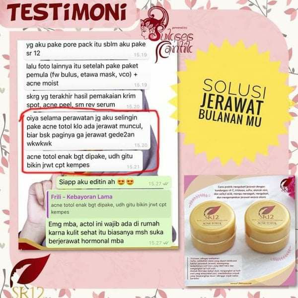 🌿ACNE TOTOL SR12 ACNE TOTOL solusi sehat untuk  jerawat bulanan. Apa itu mbak? Itu lo jerawat yg muncul saat menjelang haid atau sedang haid😁 Acne Totol juga bisa mengatasi jerawat Hormon lainnya ya seperti jerawat yg muncul ketika sedang stress juga karena wajah yg kotor yang malas di cleansing (dibersihkan)😅Setiap kali datang bulan si dia pasti ikutan nongol.Ini lah yg nama nya jerawat hormonPertanda kulit wajah anda sehatKarena kulit yg sehat masih merespon dengan baik saat ada perubahan hormon dalam diriEntah itu karena haid,stress atau saat kulit kotor, na...kalau jerawat hormon ini muncul, totolin aja dengan ACNE TOTOL SR12 🤩 totolin nya tiap 3 jam sekali ya,  tepat pada jerawatnya saja ya..dijamin langsung kering ngelupas sendiri tanpa bekas hitam,okey😁Acne Totol SR12, Si pemburu jerawat Hormon🤩Ready stock ❤️Wa/telegram 👉0821-5799-8873Agen Resmi SR12 Herbal Skin care Balikpapan, Kal-Tim🌿ACNE TOTOL SR12 ACNE TOTOL solusi sehat untuk  jerawat bulanan. Apa itu mbak? Itu lo jerawat yg muncul saat menjelang haid atau sedang haid😁 Acne Totol juga bisa mengatasi jerawat Hormon lainnya ya seperti jerawat yg muncul ketika sedang stress juga karena wajah yg kotor yang malas di cleansing (dibersihkan)😅Setiap kali datang bulan si dia pasti ikutan nongol.Ini lah yg nama nya jerawat hormonPertanda kulit wajah anda sehatKarena kulit yg sehat masih merespon dengan baik saat ada perubahan hormon dalam diriEntah itu karena haid,stress atau saat kulit kotor, na...kalau jerawat hormon ini muncul, totolin aja dengan ACNE TOTOL SR12 🤩 totolin nya tiap 3 jam sekali ya,  tepat pada jerawatnya saja ya..dijamin langsung kering ngelupas sendiri tanpa bekas hitam,okey😁Acne Totol SR12, Si pemburu jerawat Hormon🤩Ready stock ❤️Wa/telegram 👉0821-5799-8873Agen Resmi SR12 Herbal Skin care Balikpapan, Kal-Tim